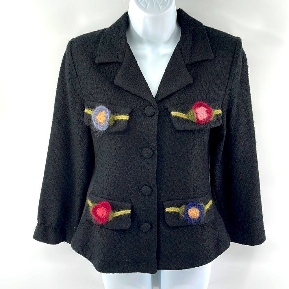 Monkey Wear vintage VTG tweed blazer suit coat jacket crochet flower black